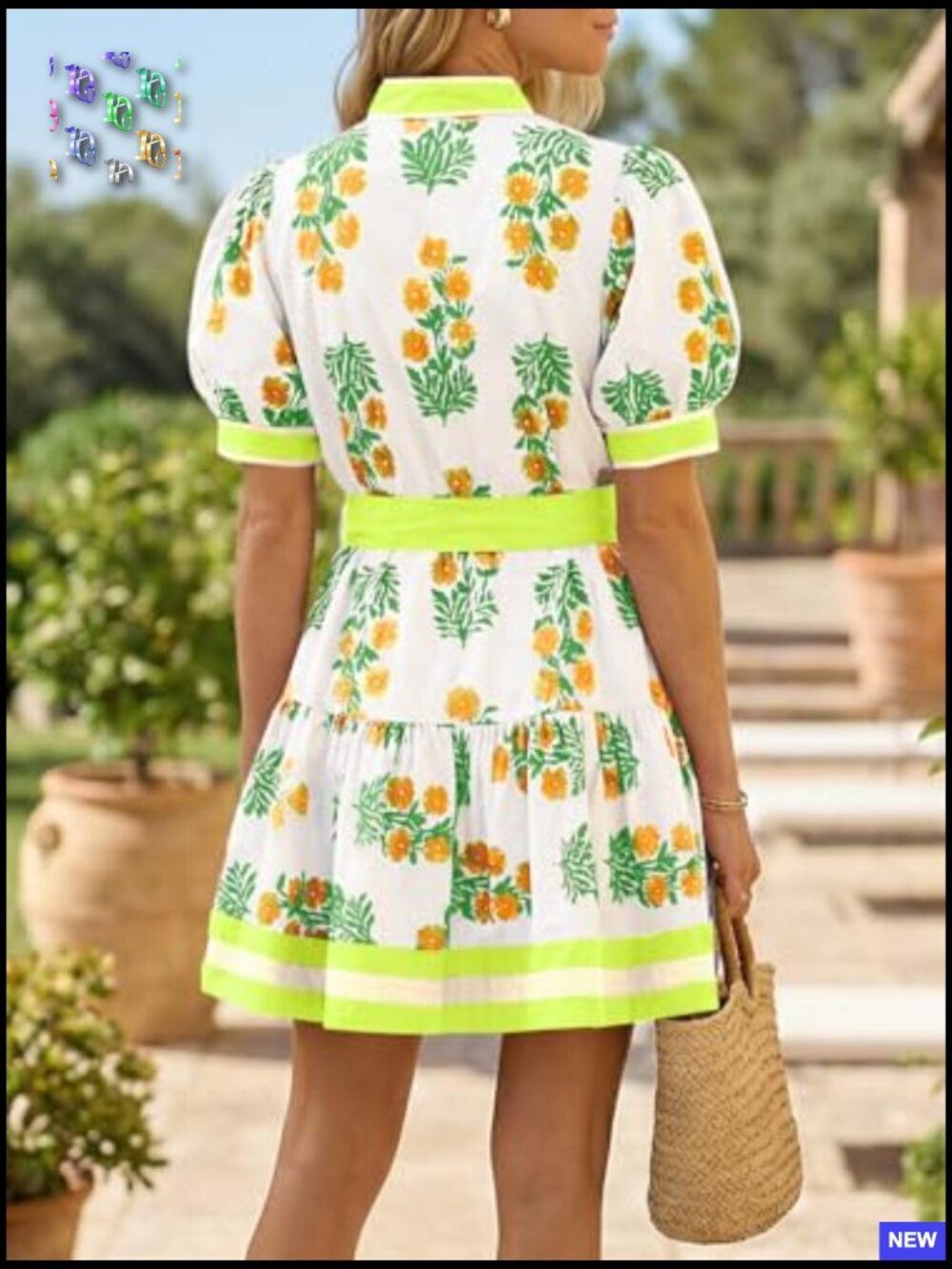 Floral Mini Dress Puff Sleeve V Neck Button Down Boho Casual Loose Fit - Picture 3 of 7